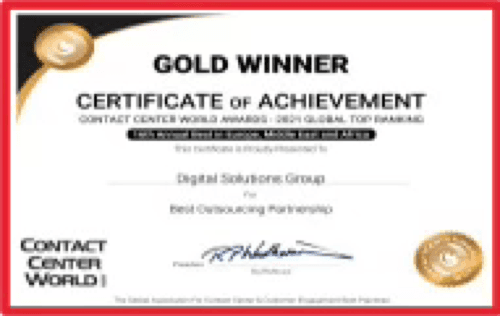 Contact Center World Awards 2021, Gold Winner certificate, Best Outsourcing Partnership
