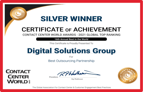 Contact Center World Awards 2021, Silver Winner certificate, Best Outsourcing Partnership