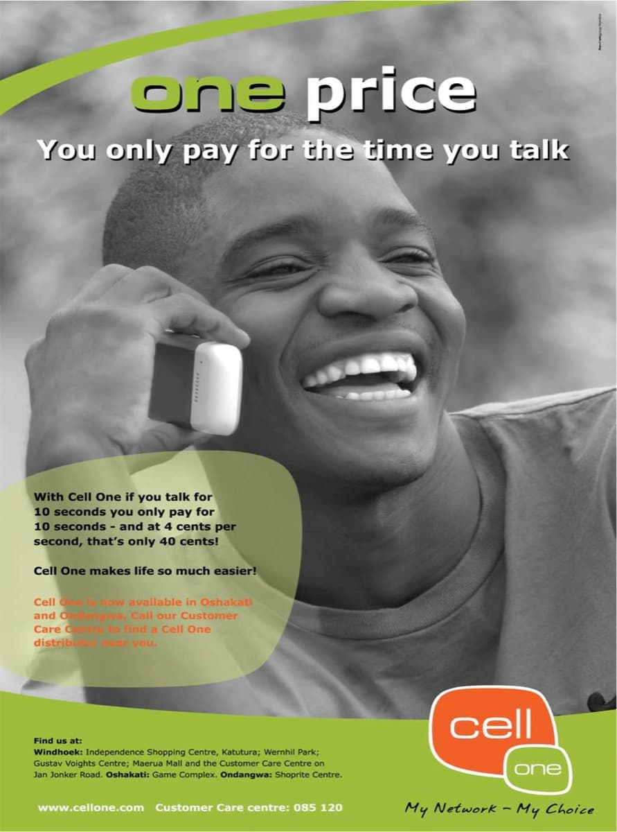 Cell One Namibia launch advertising: one price, four cents per second