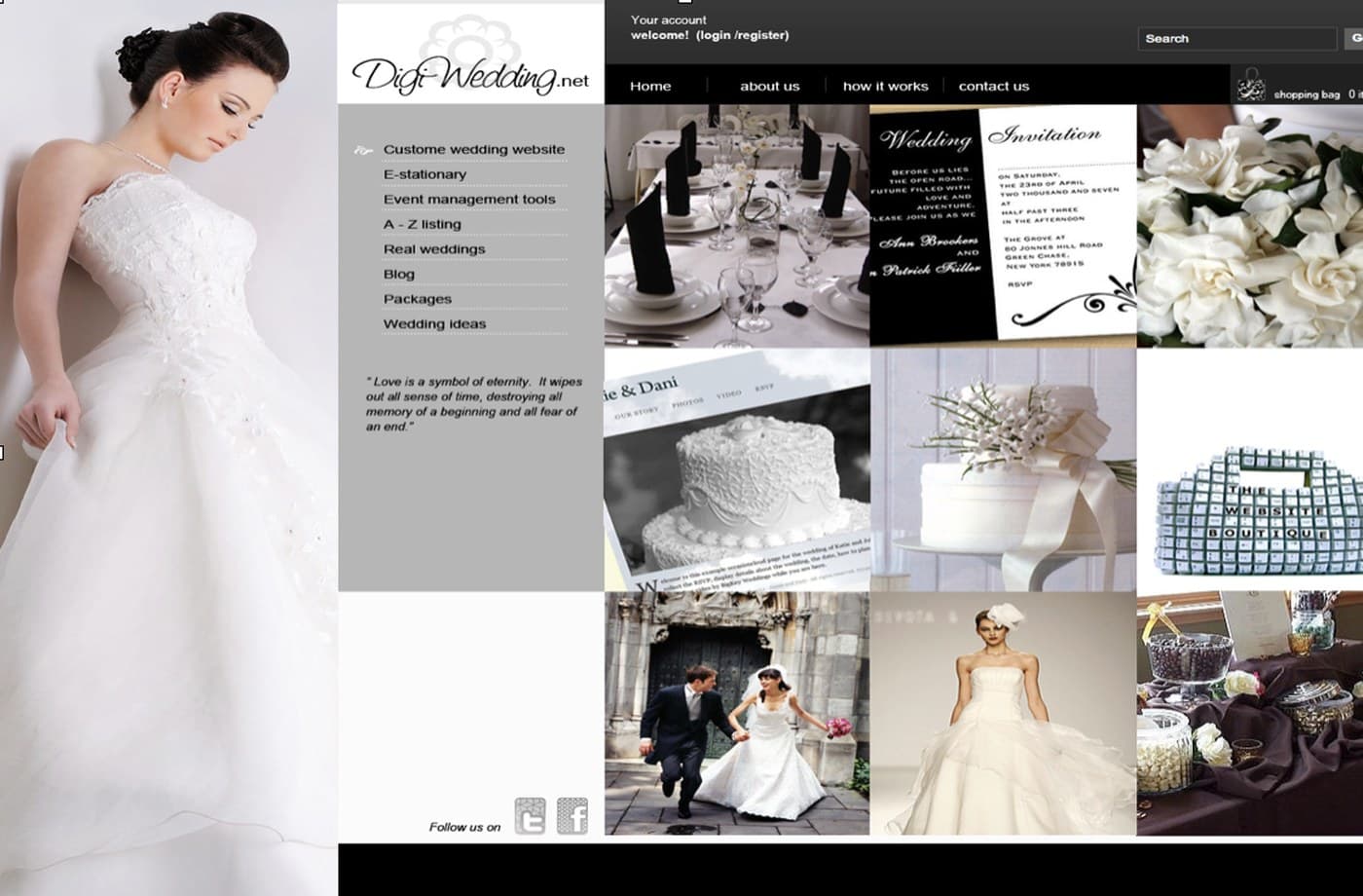 The Digi-Wedding.net website, showing custom wedding websites, e-stationery, event management tools and a gallery of real weddings