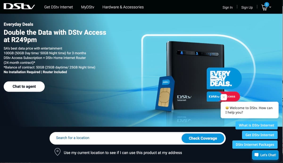 The DStv Internet website, with the live chat window open in the corner