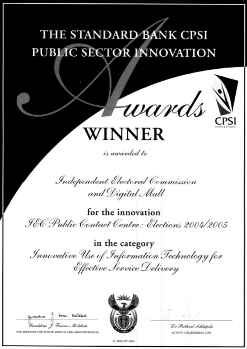 The CPSI Public Sector Innovation Award certificate, awarded to the Independent Electoral Commission and Digital Mall