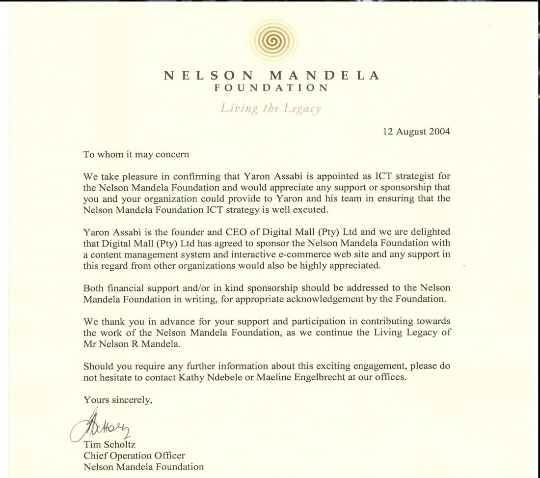 A letter from the Nelson Mandela Foundation dated 12 August 2004, confirming Yaron Assabi's appointment as its ICT strategist