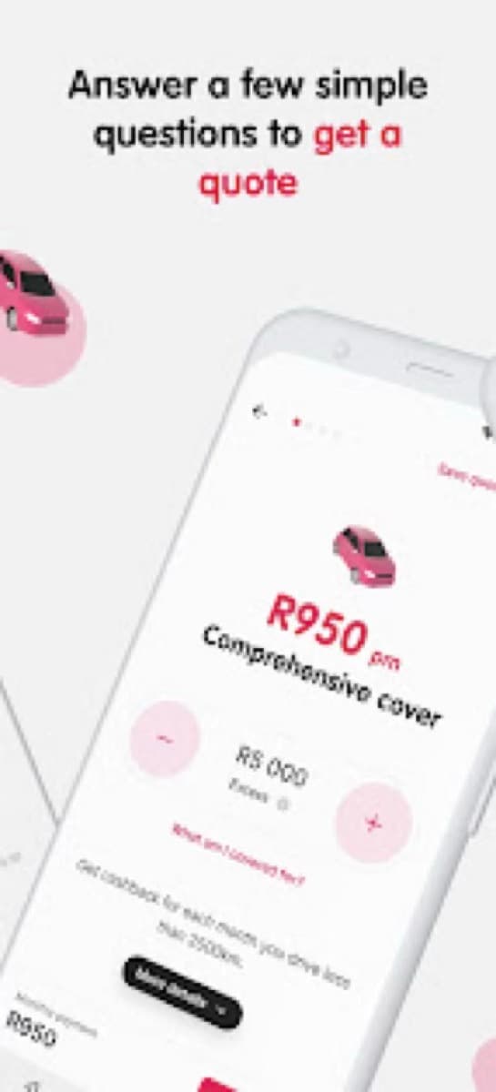 The MiWay Blink app quote screen, showing comprehensive cover at R950 a month
