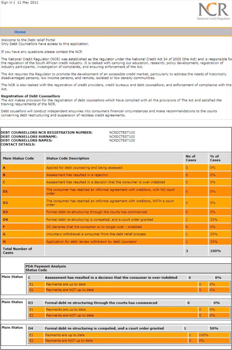 The National Credit Regulator Debt Help Portal, showing debt counsellor case status codes
