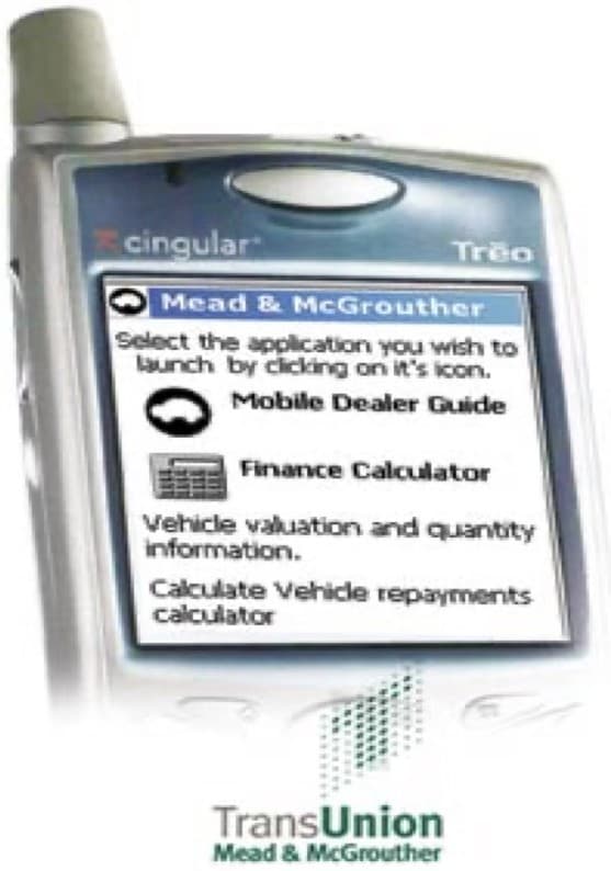 A Treo handset running the TransUnion Mead & McGrouther application, showing a Mobile Dealer Guide and a Finance Calculator