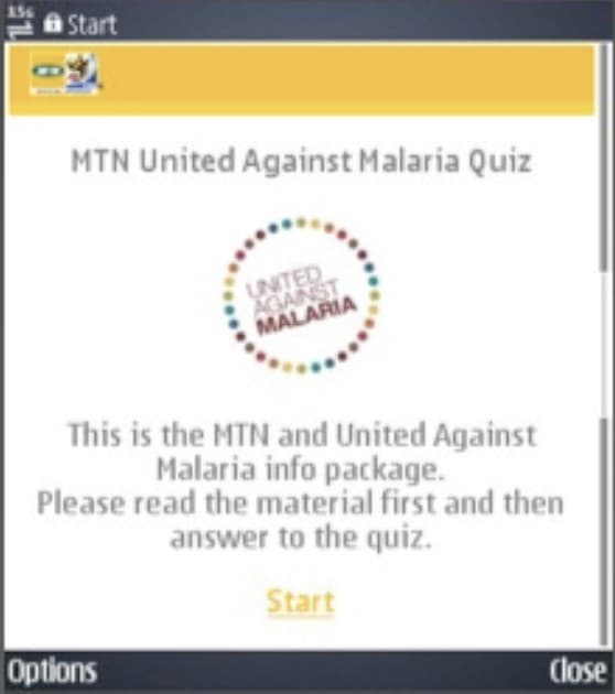 A feature phone showing the MTN United Against Malaria Quiz, with the United Against Malaria logo and an instruction to read the material before answering