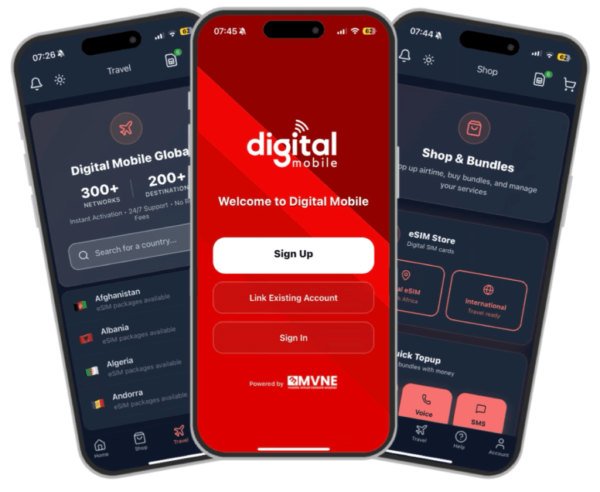 Three phone screens from the Digital Mobile app: global eSIM coverage, the sign-in screen, and the shop and bundles view